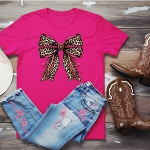 Pink Leopard Bow Tee • Hot Pink Graphic Shirt • Western Cowgirl Top